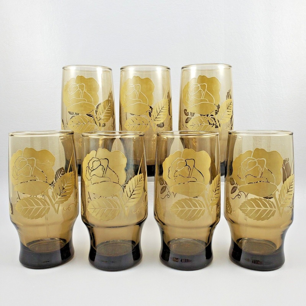 Vintage MCM Amber Smoke Glass Tumblers Set 7 Gold Rose Floral Black Base Retro